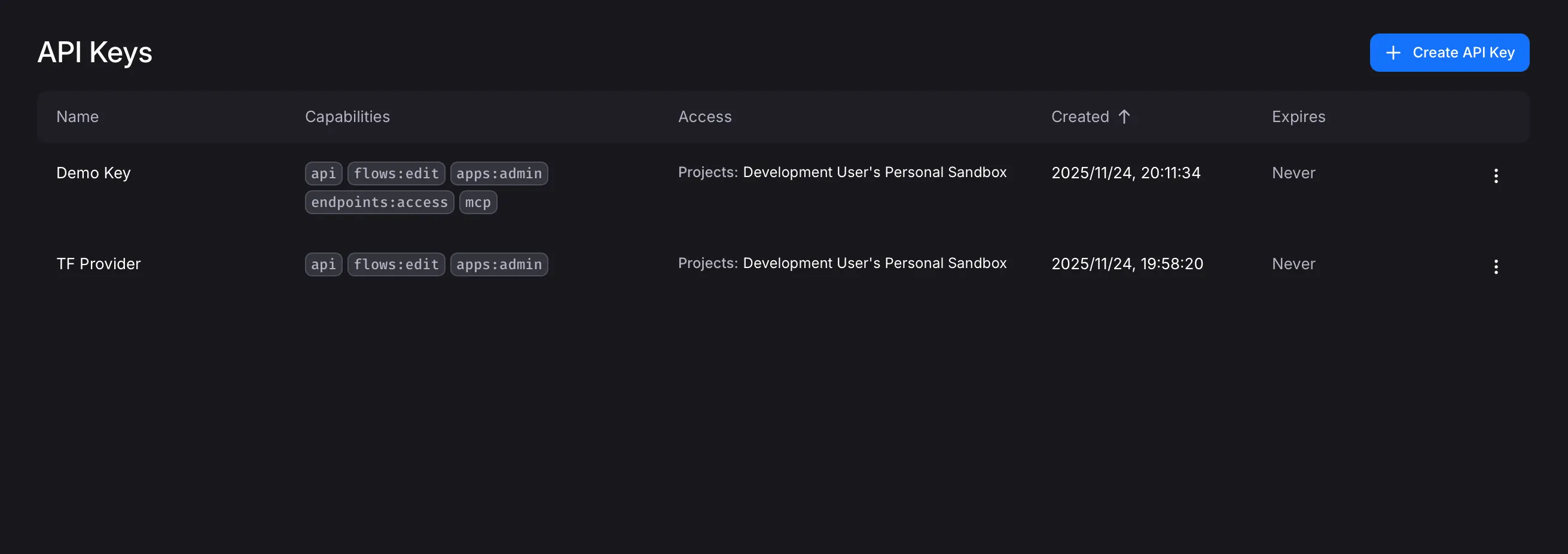 API Keys Settings
