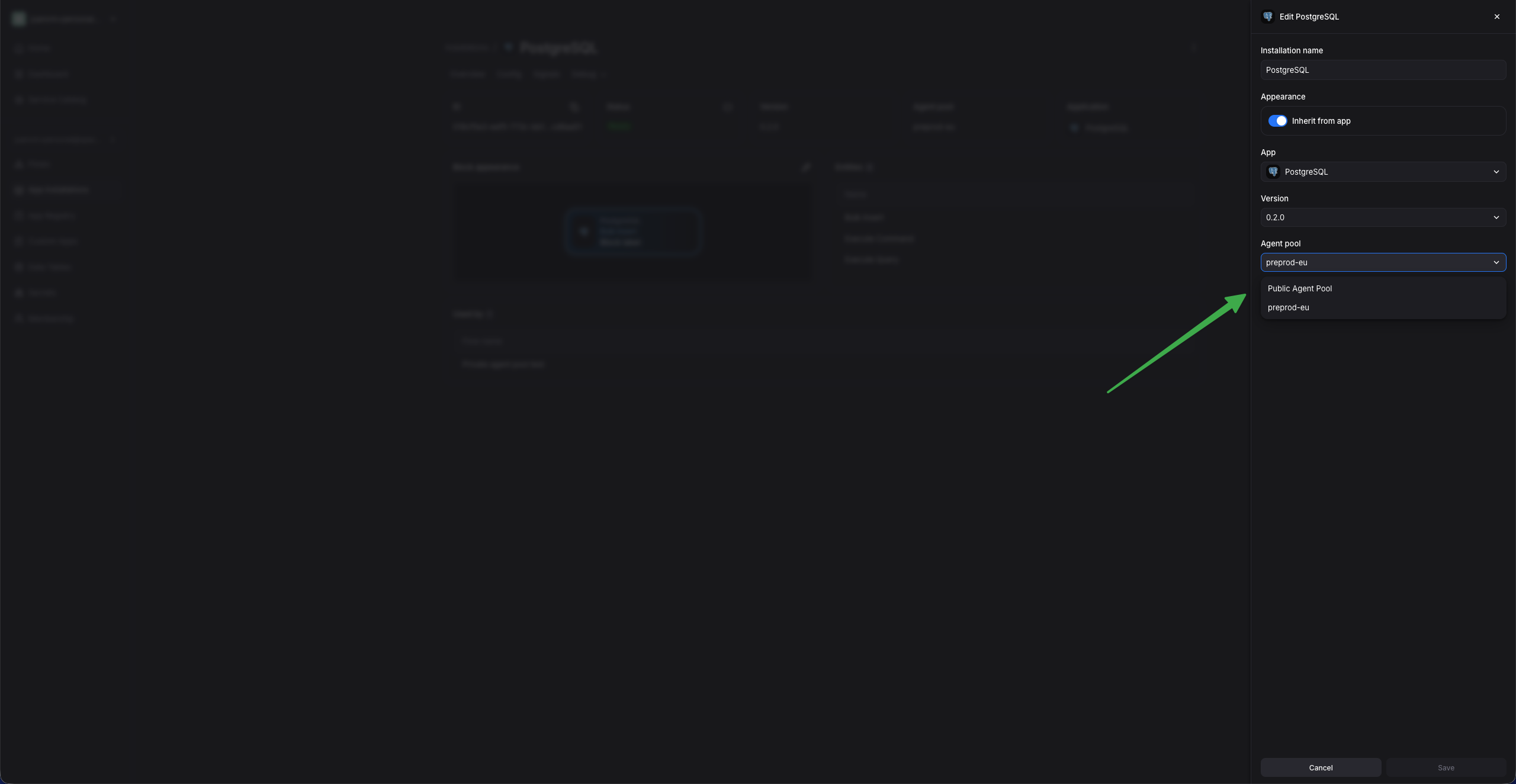 Agent pool selector in the app installation editor